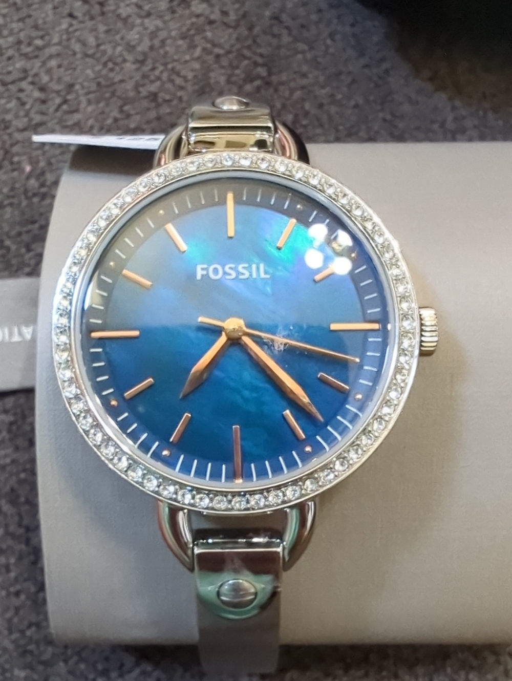 Fossil Women's Blue Dial Crystal Bezel Silver Bracelet Watch